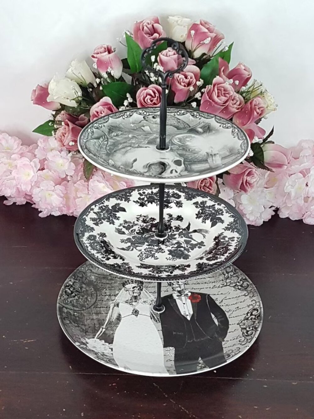 3-Tier Black Cake Stand Spooky Halloween Party Decor Skeleton Bride Wedding